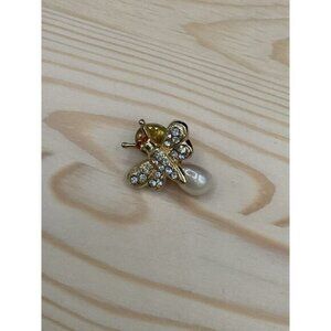 Vintage Faux Pear Belly Bumble Bee Tie Lapel Tack Pin Red Eyes Clear Rhinestones